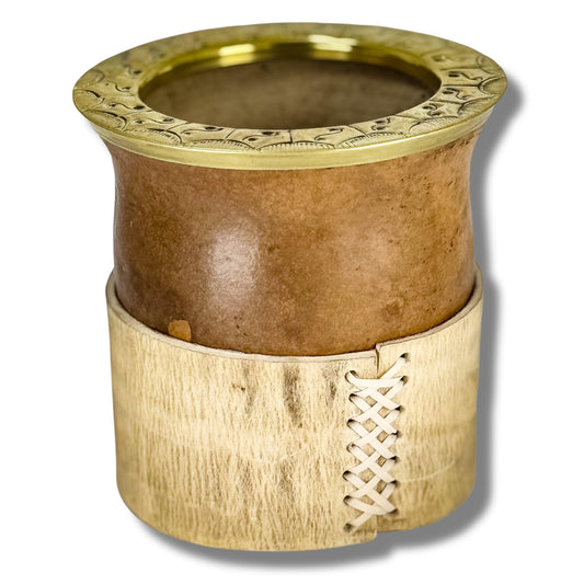 Exclusive Mate Criollo with Leather Stand and Chiseled Bronze Virola - Argentinian Mate Cup for Yerba Mate