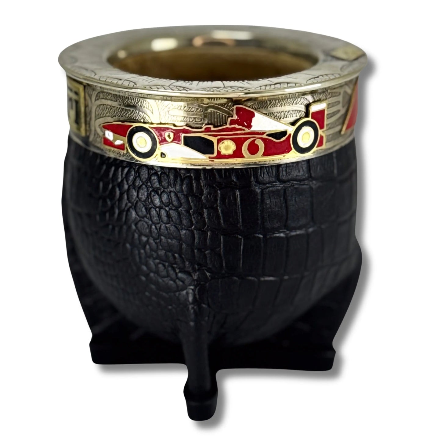 Detail of black croco-embossed Imperial mate, engraved ferrule with red enamel and Formula 1 racing car design.