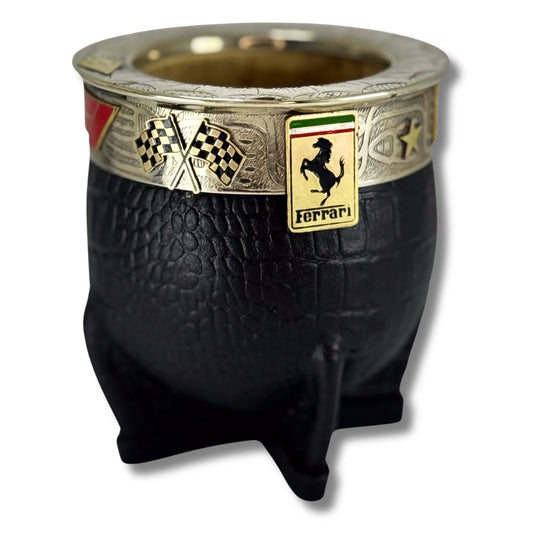 Black croco-embossed Imperial mate with engraved alpaca ferrule and red enamel, featuring a Formula 1 racing car and checkered flag design.
