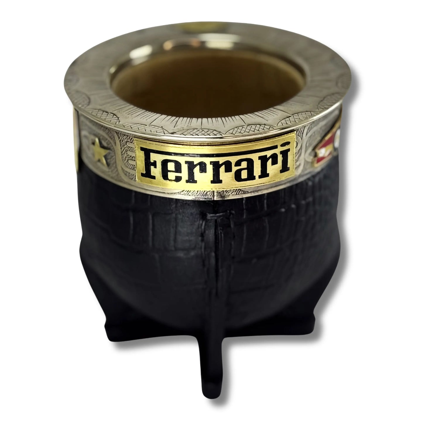 Black croco-embossed Imperial mate with engraved ferrule and Ferrari logo in foreground, front view.