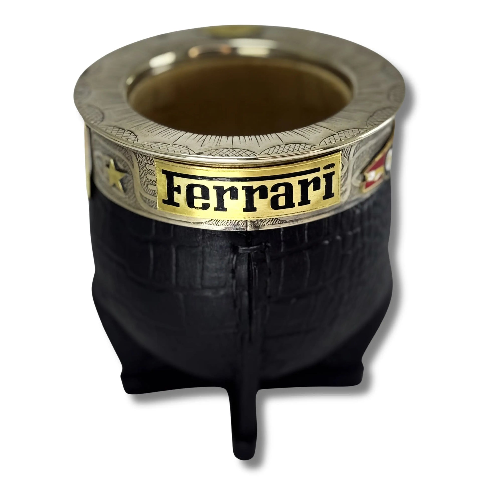 Black croco-embossed Imperial mate with engraved ferrule and Ferrari logo in foreground, front view.