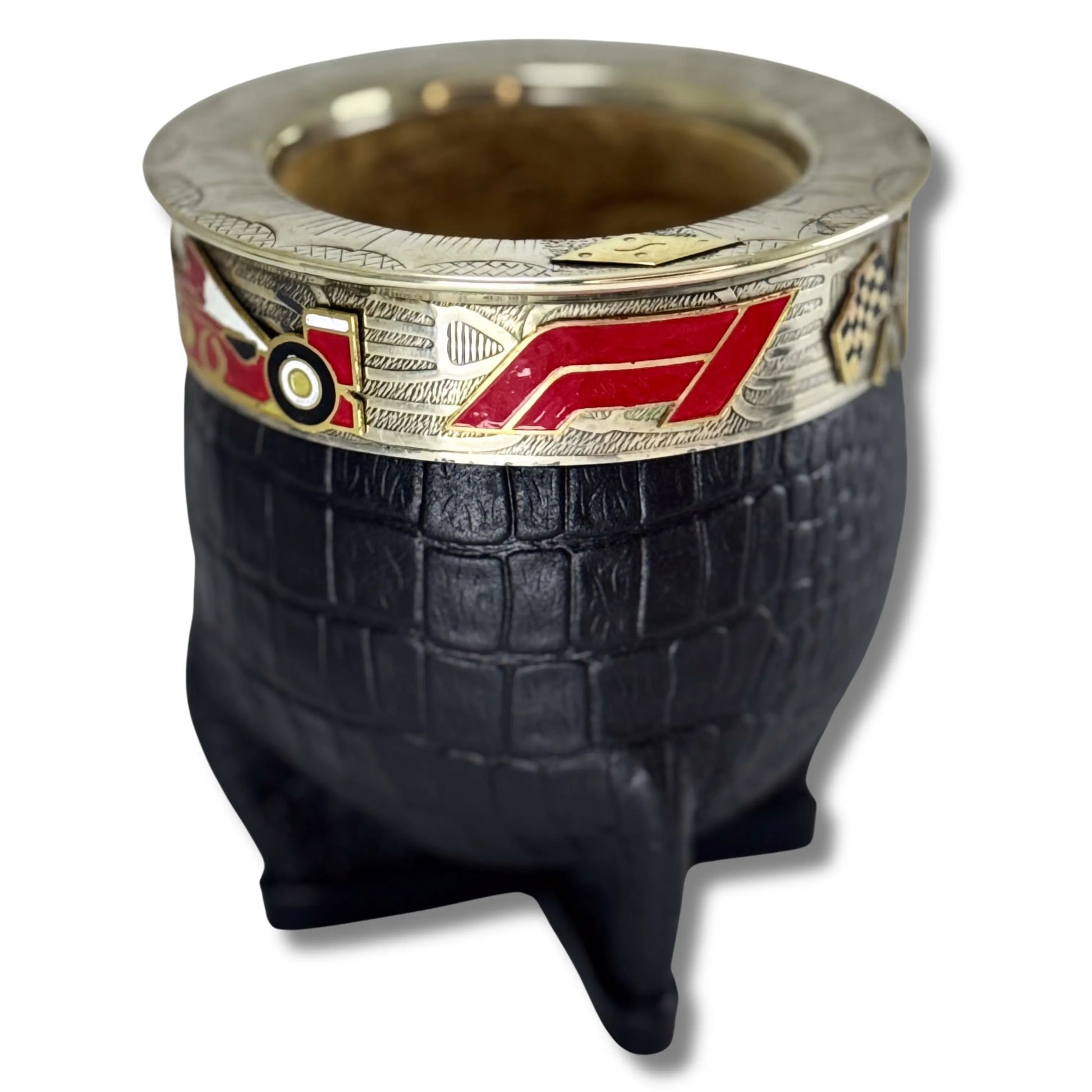 Black croco-embossed Imperial mate with engraved alpaca ferrule and red enamel, featuring a Formula 1 racing car and checkered flag design.