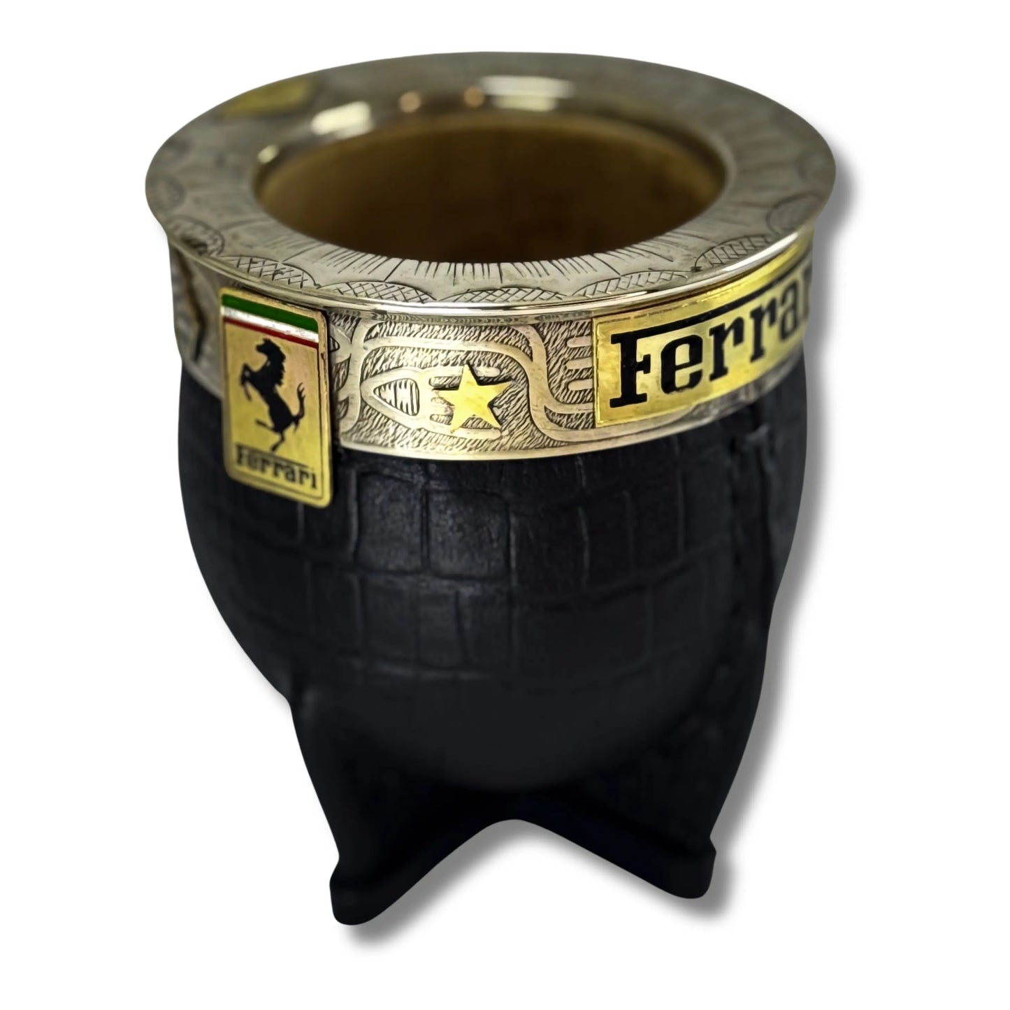 Black croco-embossed Imperial mate with engraved alpaca ferrule and Ferrari emblem (prancing horse and logo), front view.