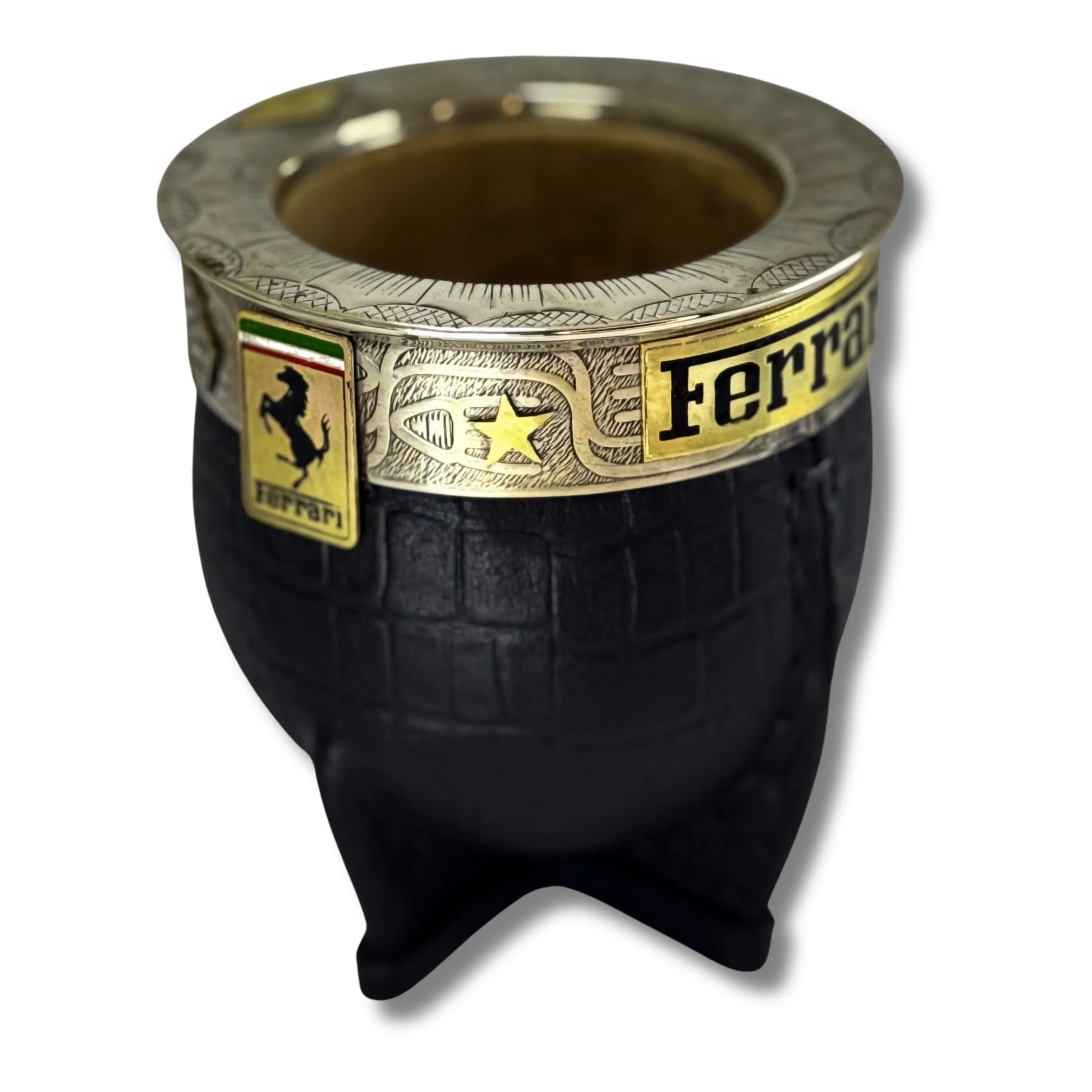 Black croco-embossed Imperial mate with engraved alpaca ferrule and Ferrari emblem (prancing horse and logo), front view.