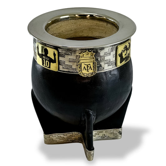 Front picture of a black mate imperial gourd with Messi and AFA bronze decoration and alpaca attachment