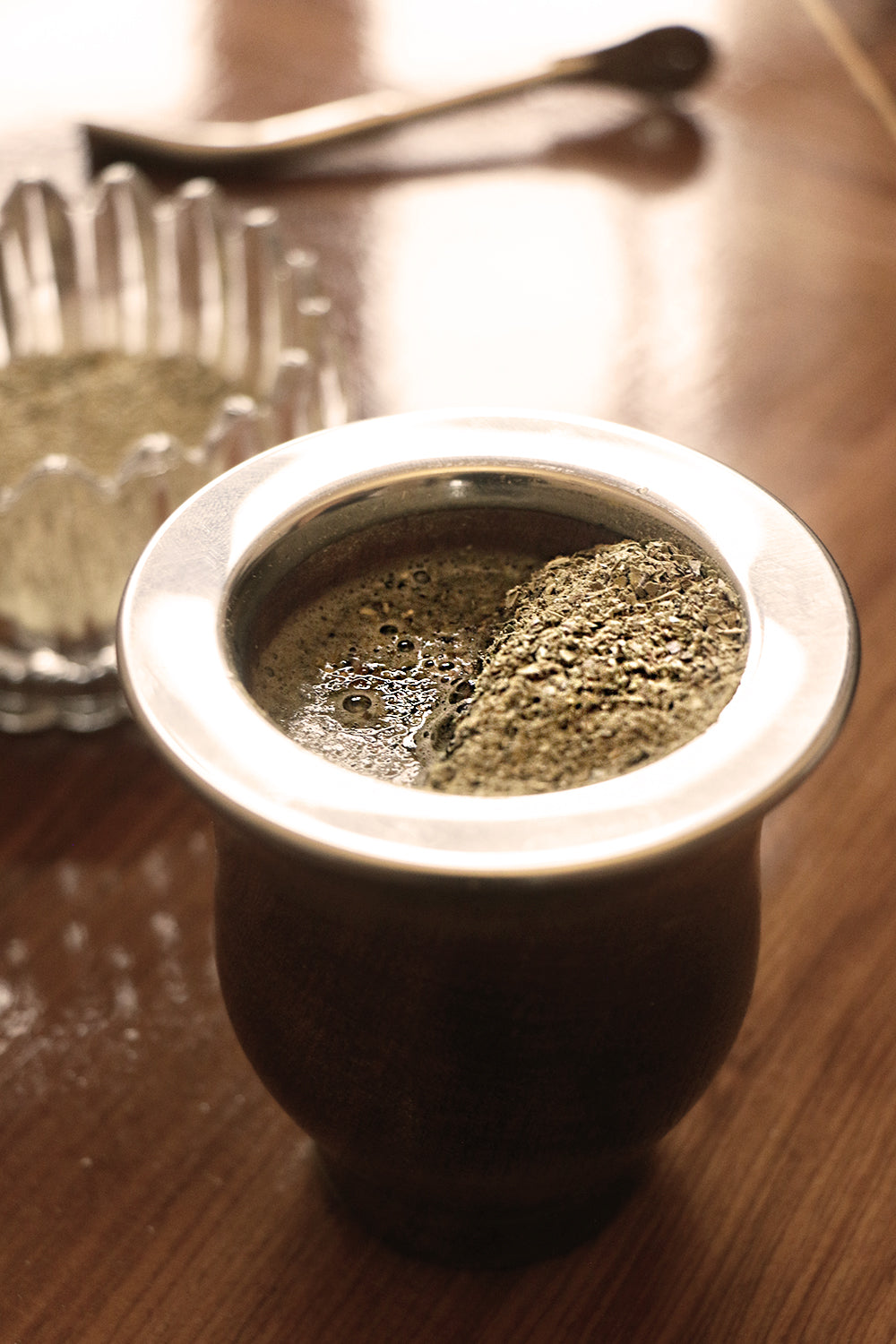 Close-up of a prepared traditional mate cup with yerba mate, ready to be enjoyed